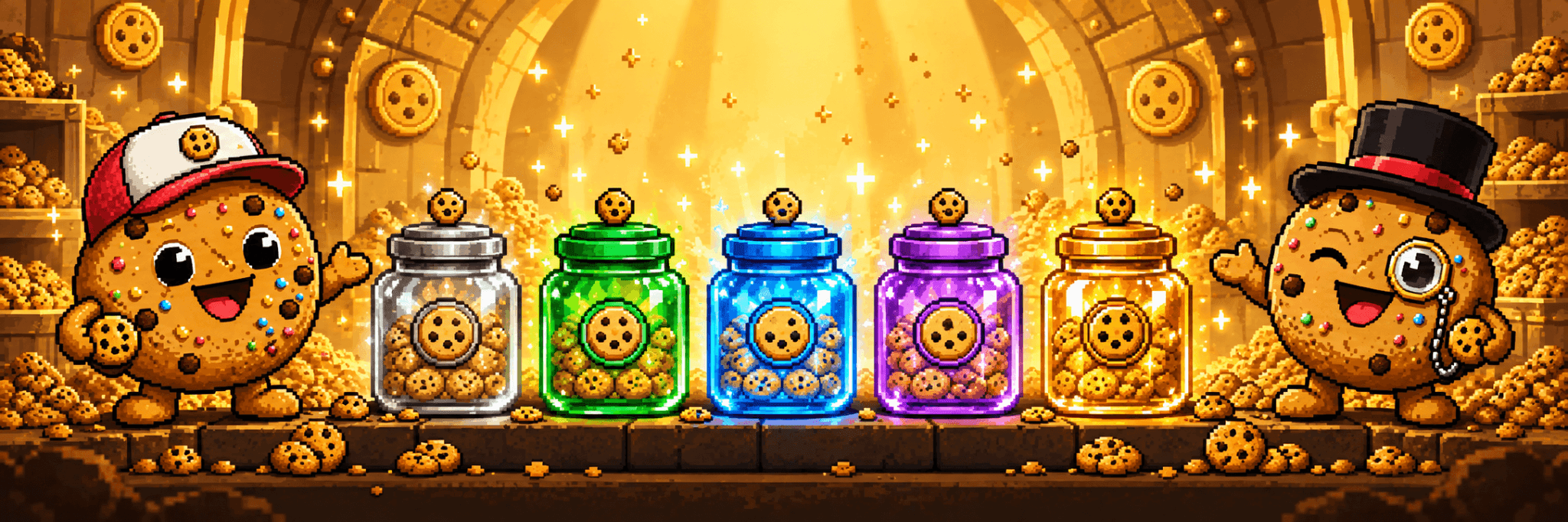 Two Cookie Bros presenting the five Cookie Jar rarities inside a golden cookie vault